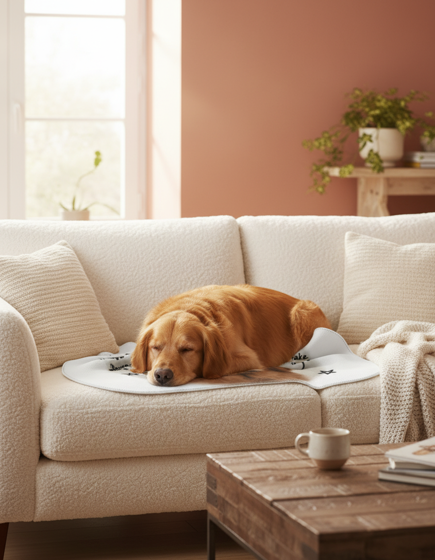 A sleepy golden retriever curled up on a cozy sherpa blanket