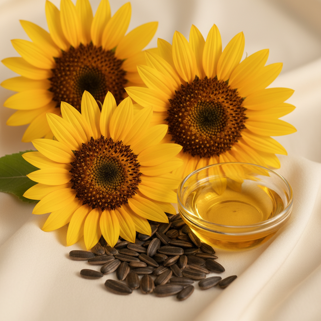 Sunflowers and sunflower seeds beside golden oil