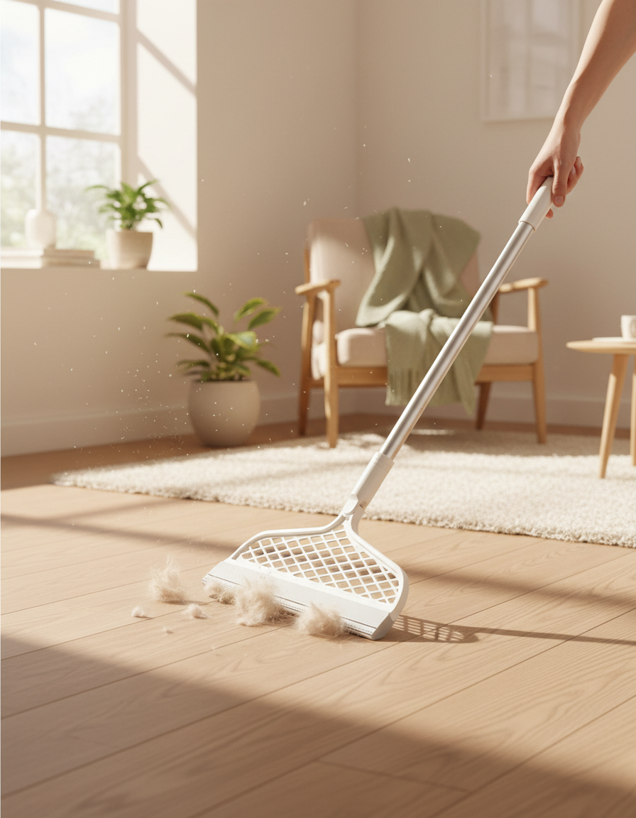 Silicone broom sweeping pet hair from a light oak floor in a bright home