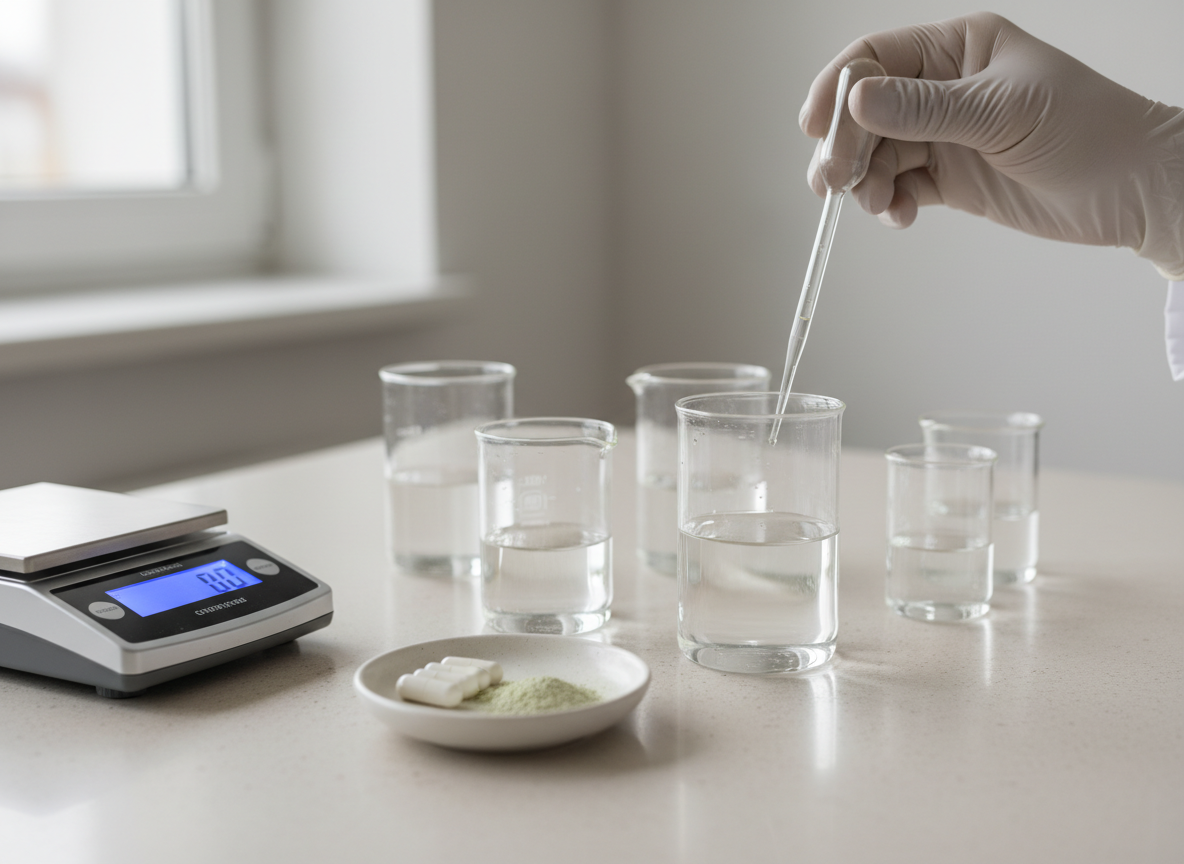 Capsules and botanical powder being measured on a clean laboratory bench