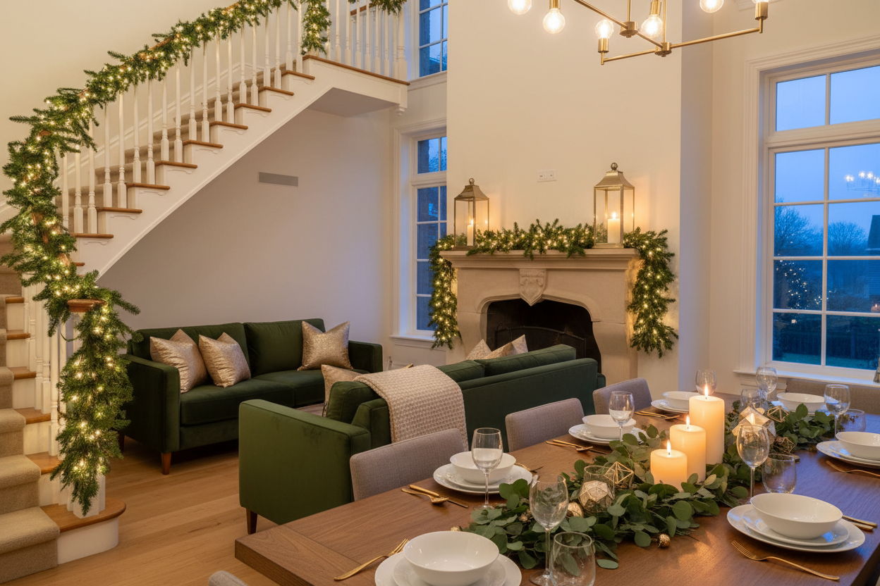 A living and dining room dressed for Christmas with garlands, candles and warm lights