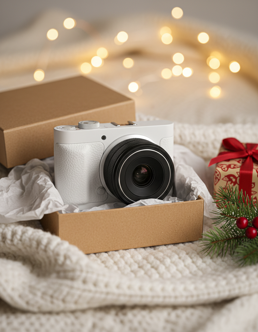 White Weekend Snap camera in an open kraft gift box beside fairy lights on Christmas morning