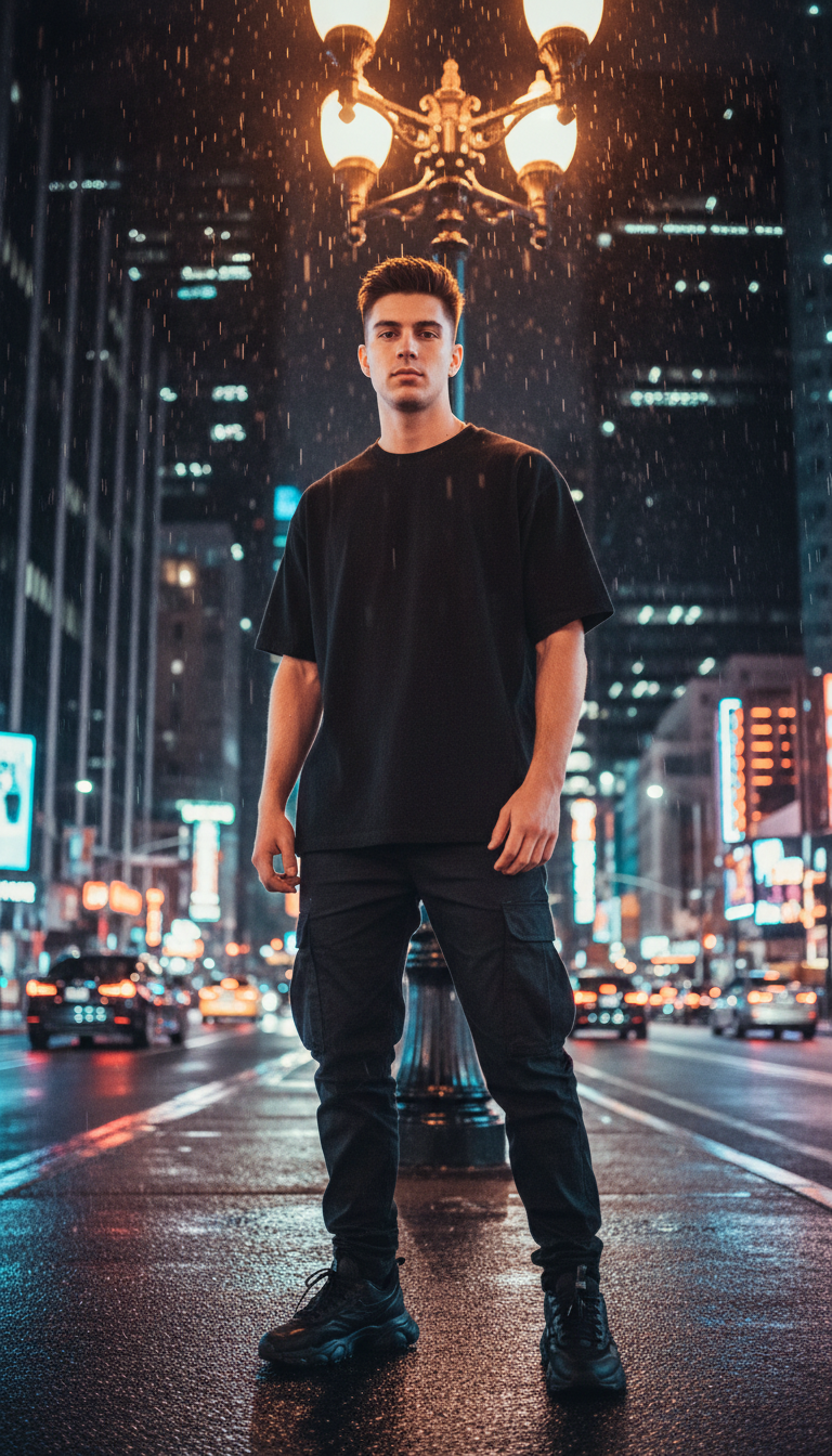 Customer wearing a black tee under city lights at night