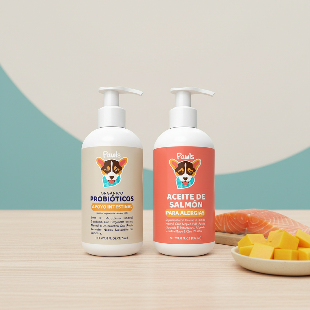 Aceite de salmón y probiótico junto a salmón fresco, papaya y calabaza