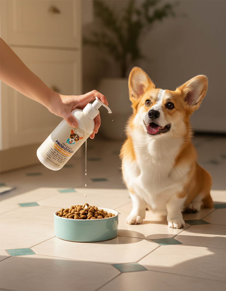 Dueña añadiendo el suplemento a la comida de su corgi