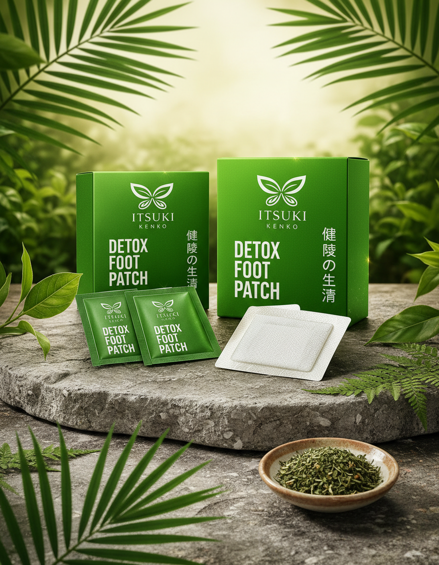 Caja y sobres de parches detox junto a hojas verdes y bambú