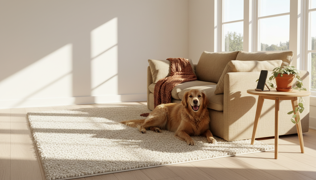Happy golden retriever relaxing on a cream rug in a sunlit living room
