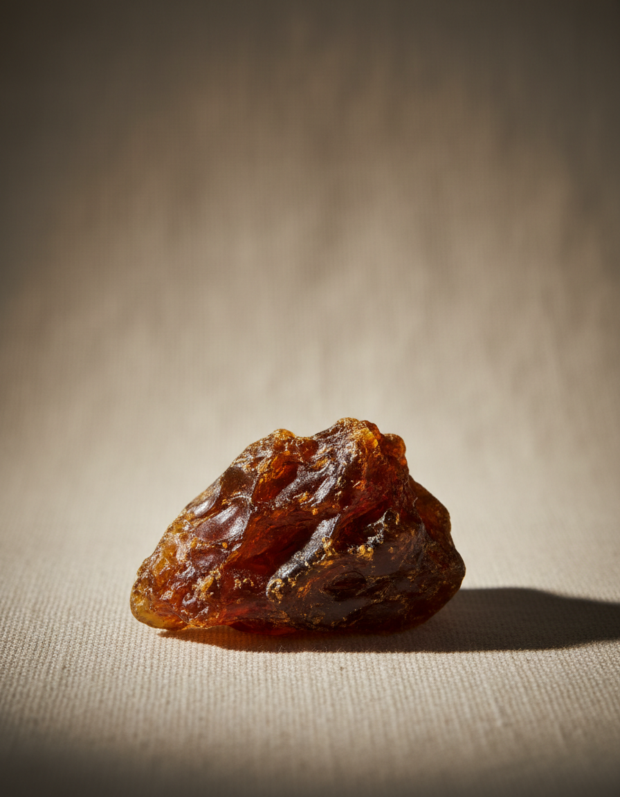 A single glossy piece of raw amber propolis resin on cream linen in soft side light