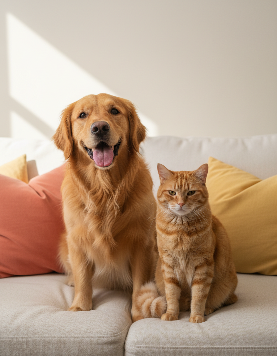 A happy golden retriever and an unimpressed orange tabby cat sitting together on a cream sofa