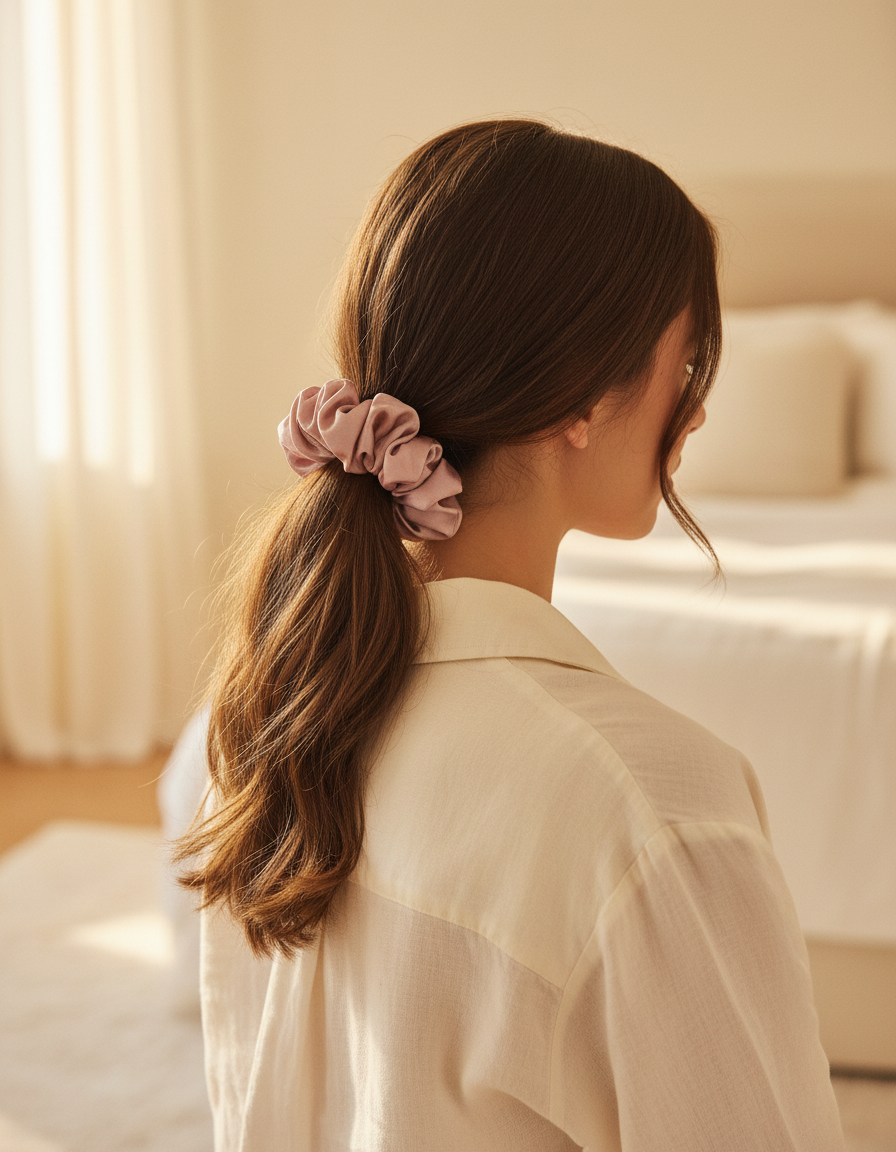 Woman wearing a blush pink silk scrunchie in a low ponytail in soft morning light