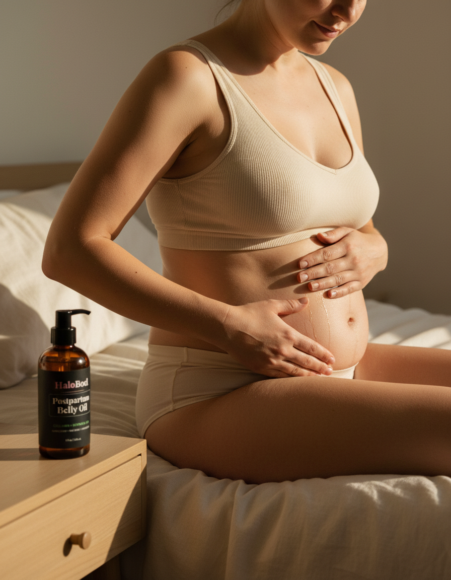 A mom massaging Postpartum Belly Oil into her belly, with the bottle on her nightstand