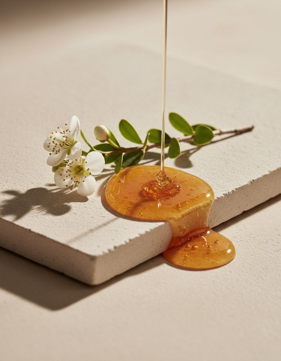 A sprig of white Manuka flowers beside a ribbon of golden Manuka honey on pale stone