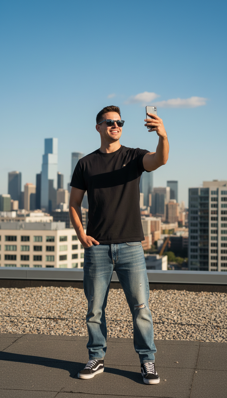 Customer in a black tee and sunglasses on a rooftop