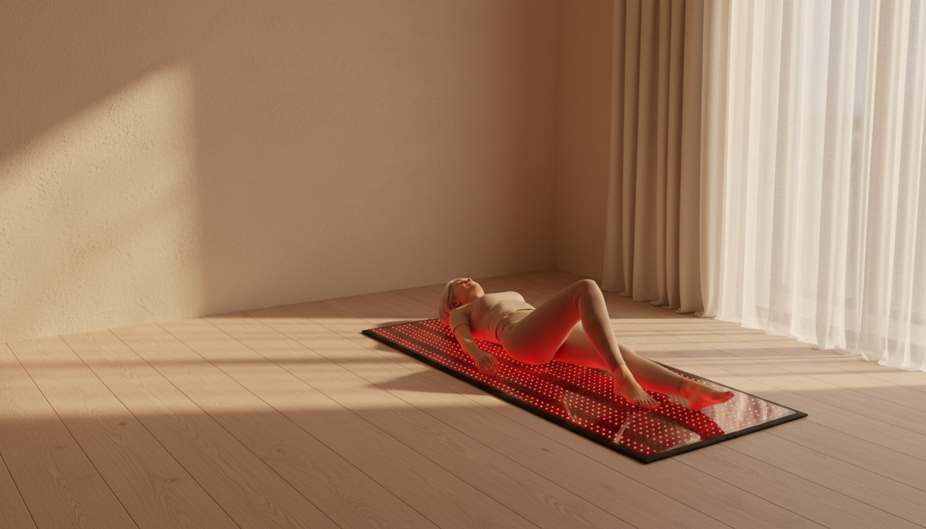Woman relaxing on a glowing red light therapy mat in a sunlit, minimalist room