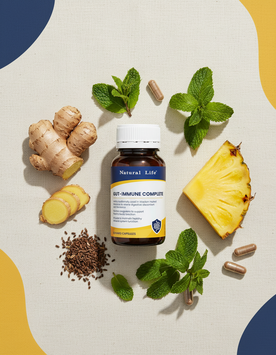 Gut-Immune Complete surrounded by fresh ginger, fennel seeds, peppermint leaves and pineapple