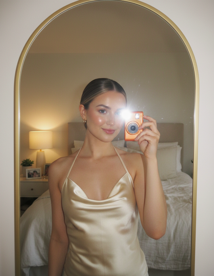 Flash mirror selfie in a bedroom floor mirror, a woman in a satin top holding the orange Weekend Snap