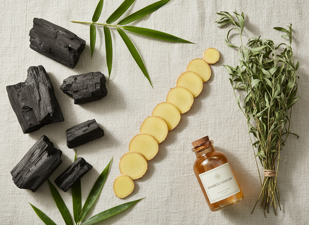 Ingredientes naturales: bambú, jengibre y hierbas secas