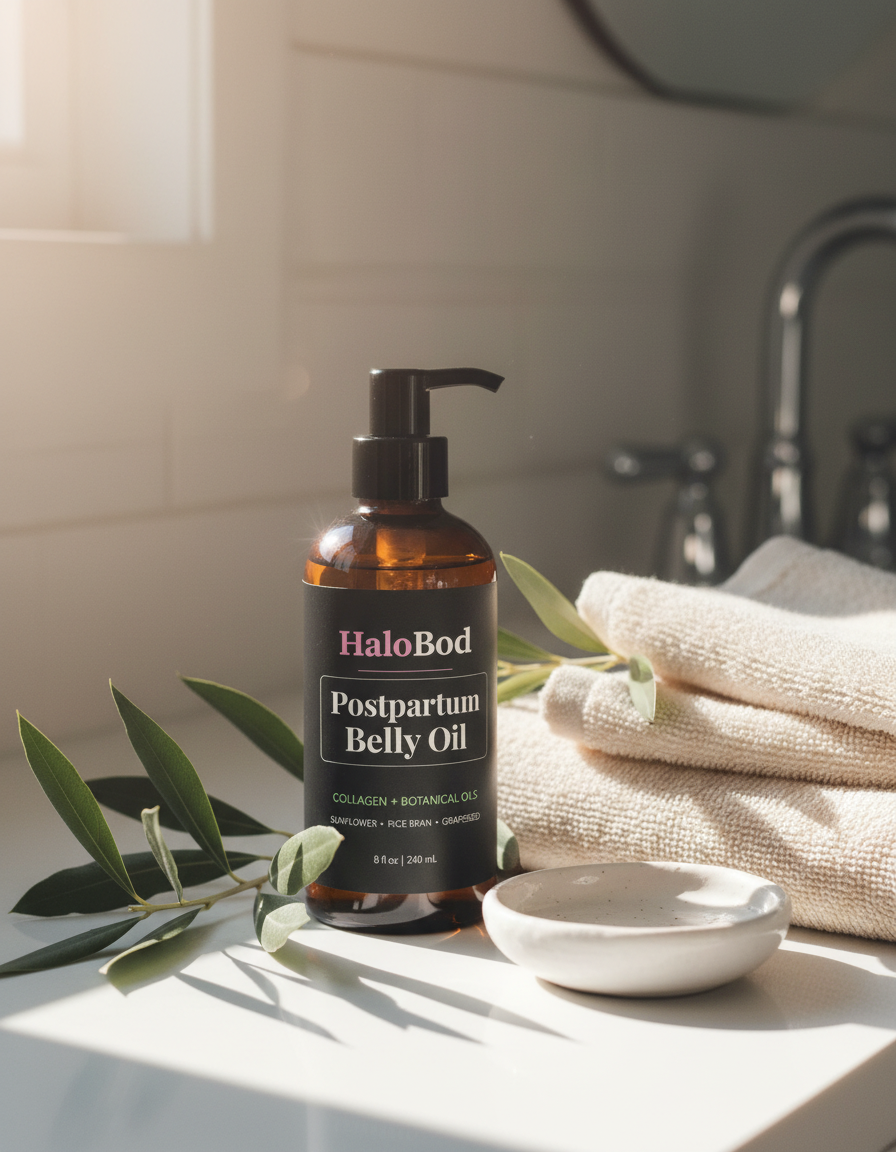 Postpartum Belly Oil on a sunny bathroom counter