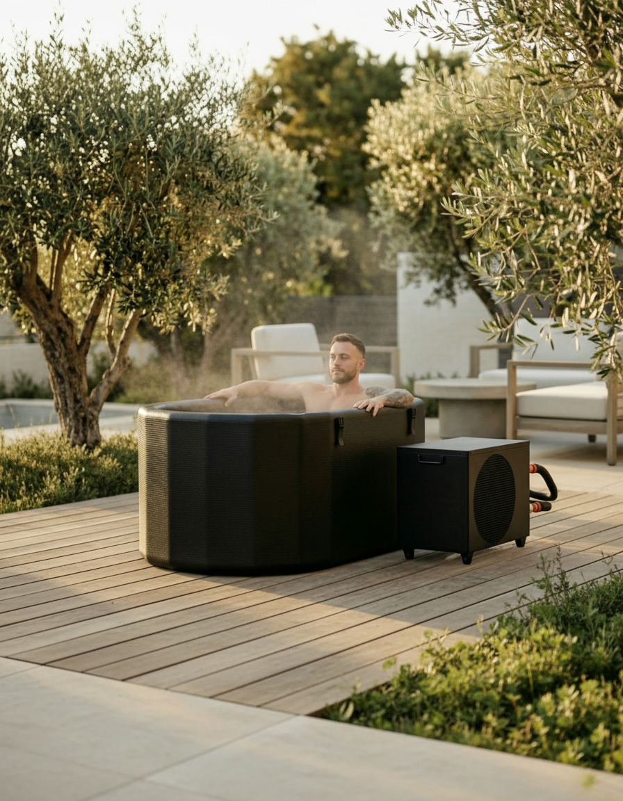 A person relaxing in a black oval cold plunge tub with its chiller beside it on a wooden garden deck at dawn