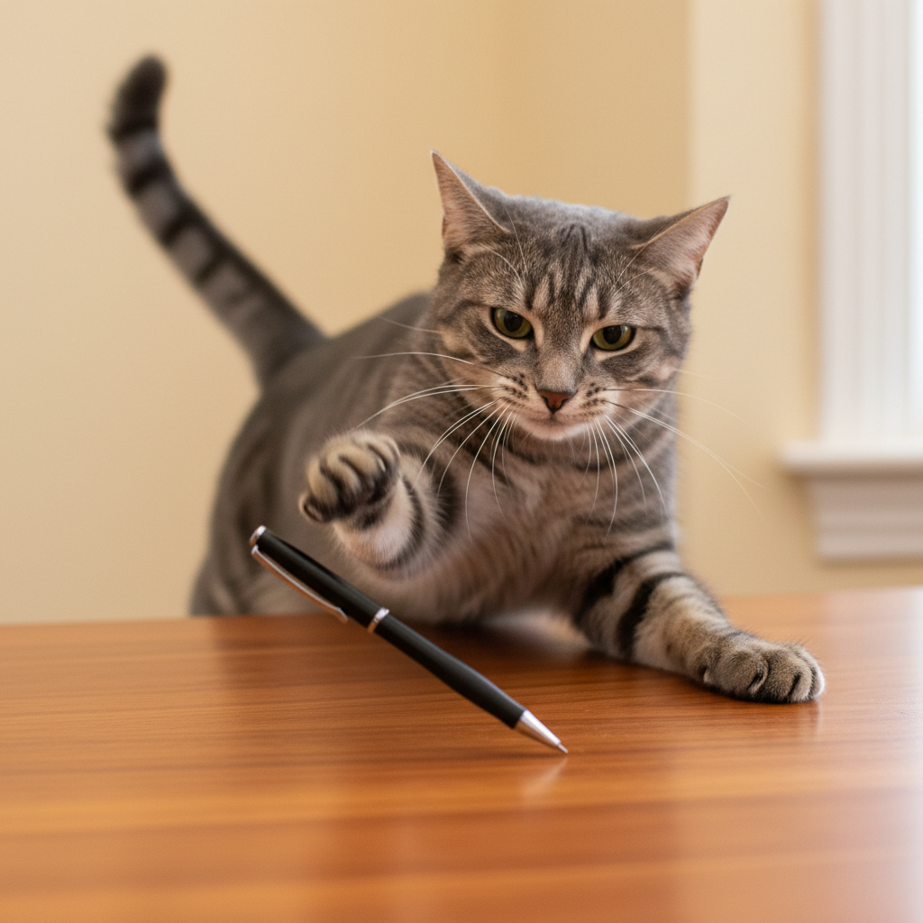 A grey tabby cat knocking a pen off a desk