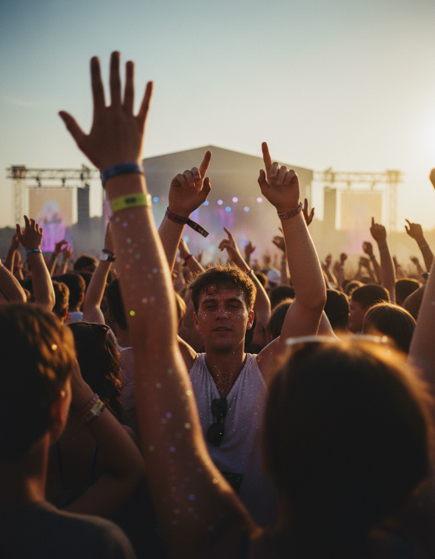 Festival crowd with arms raised at golden hour