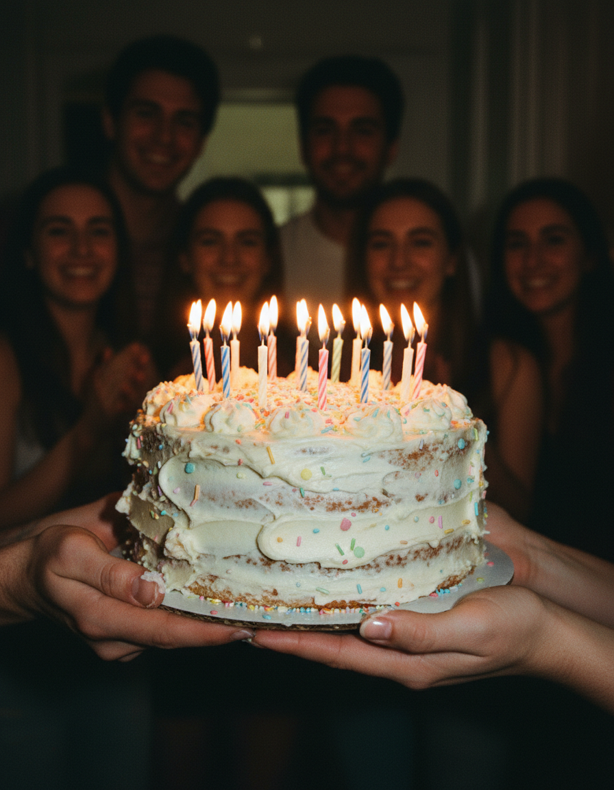 Birthday cake with lit candles in a dim kitchen