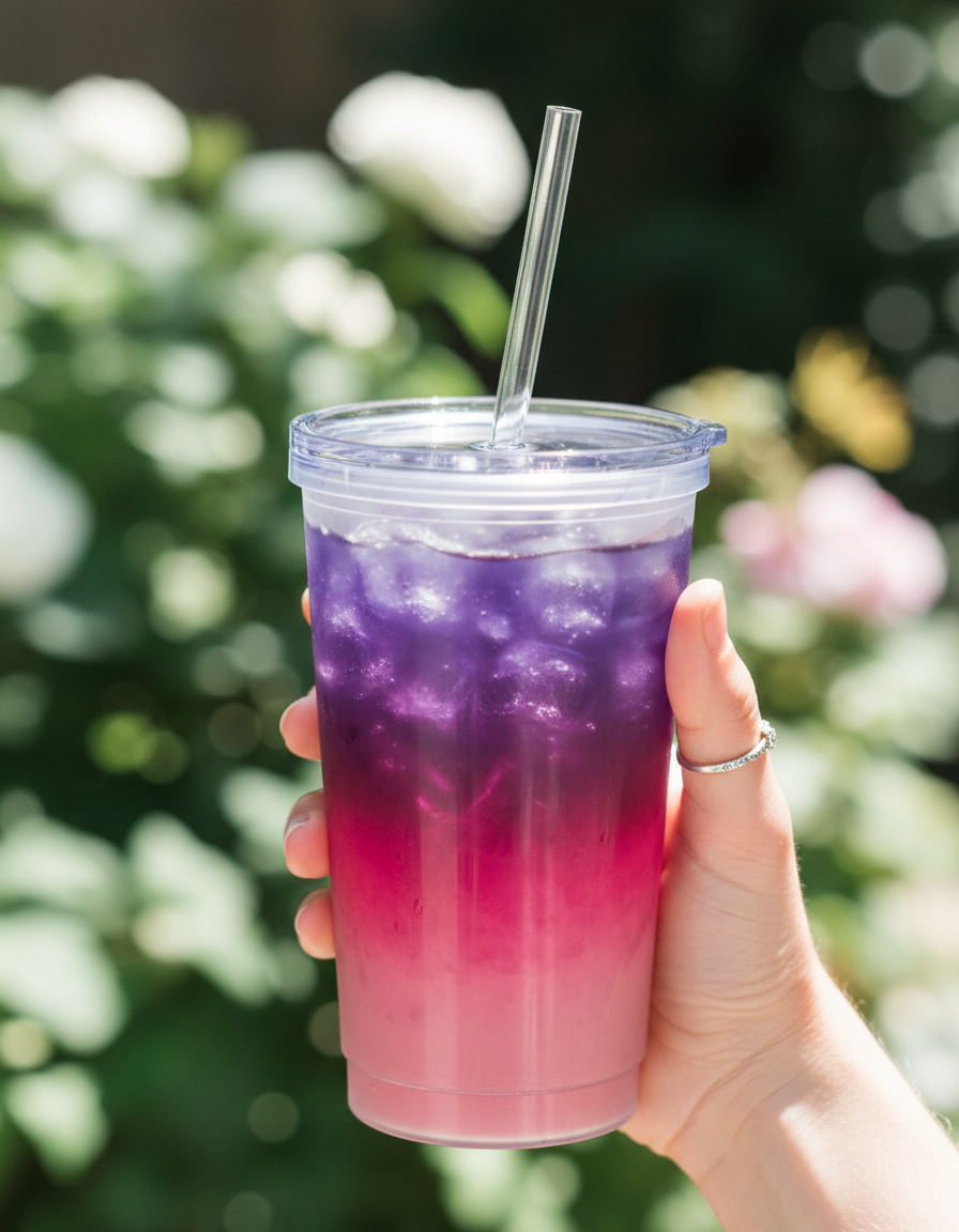 Hand holding a 32 ounce cup of layered pink and purple iced loaded tea