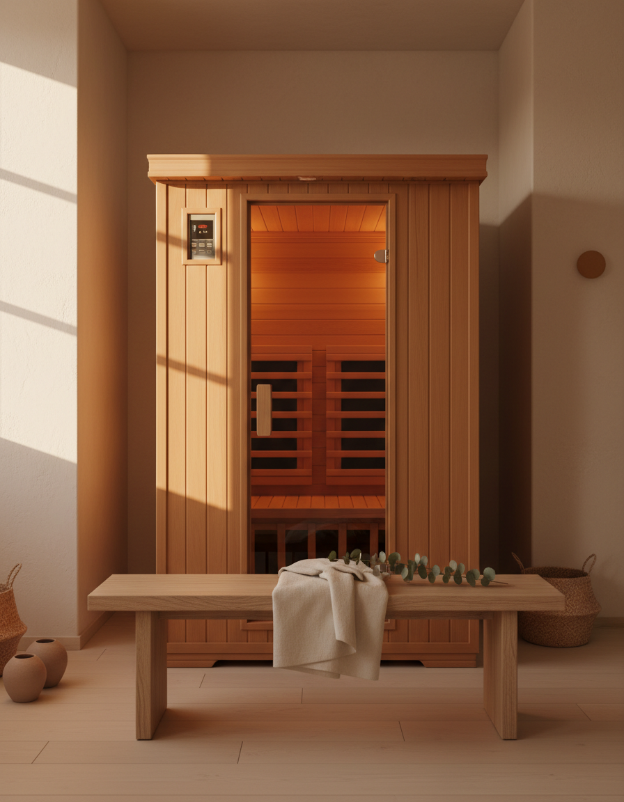 A hemlock infrared sauna cabin glowing warmly in a calm, sunlit home wellness room