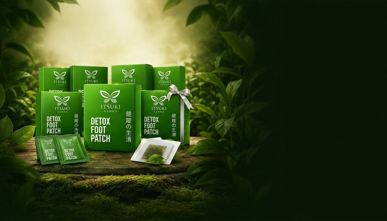 Cajas de parches detox sobre una piedra rodeada de hojas verdes