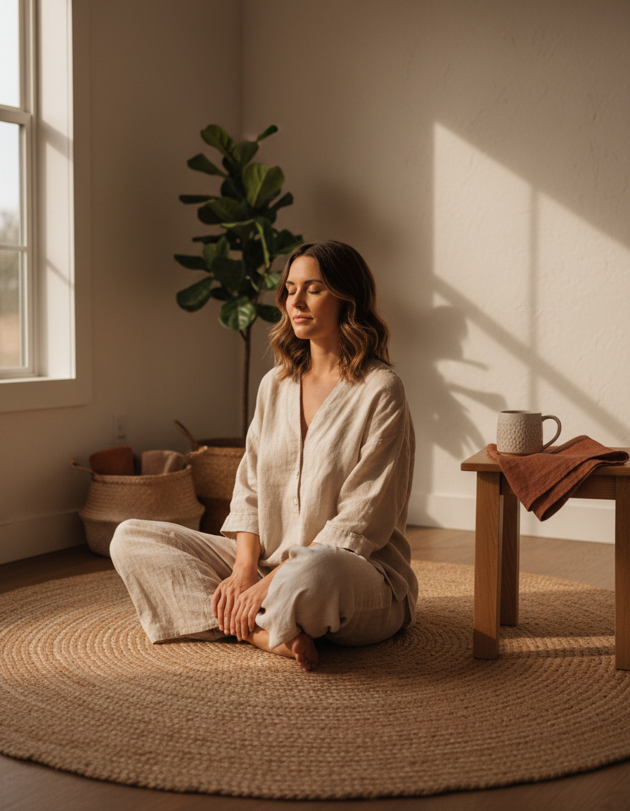 A woman resting with eyes closed on a jute rug in a warm, sunlit home wellness corner