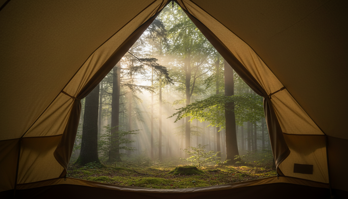 Blick aus einem geöffneten Zelt in den Wald im Morgenlicht