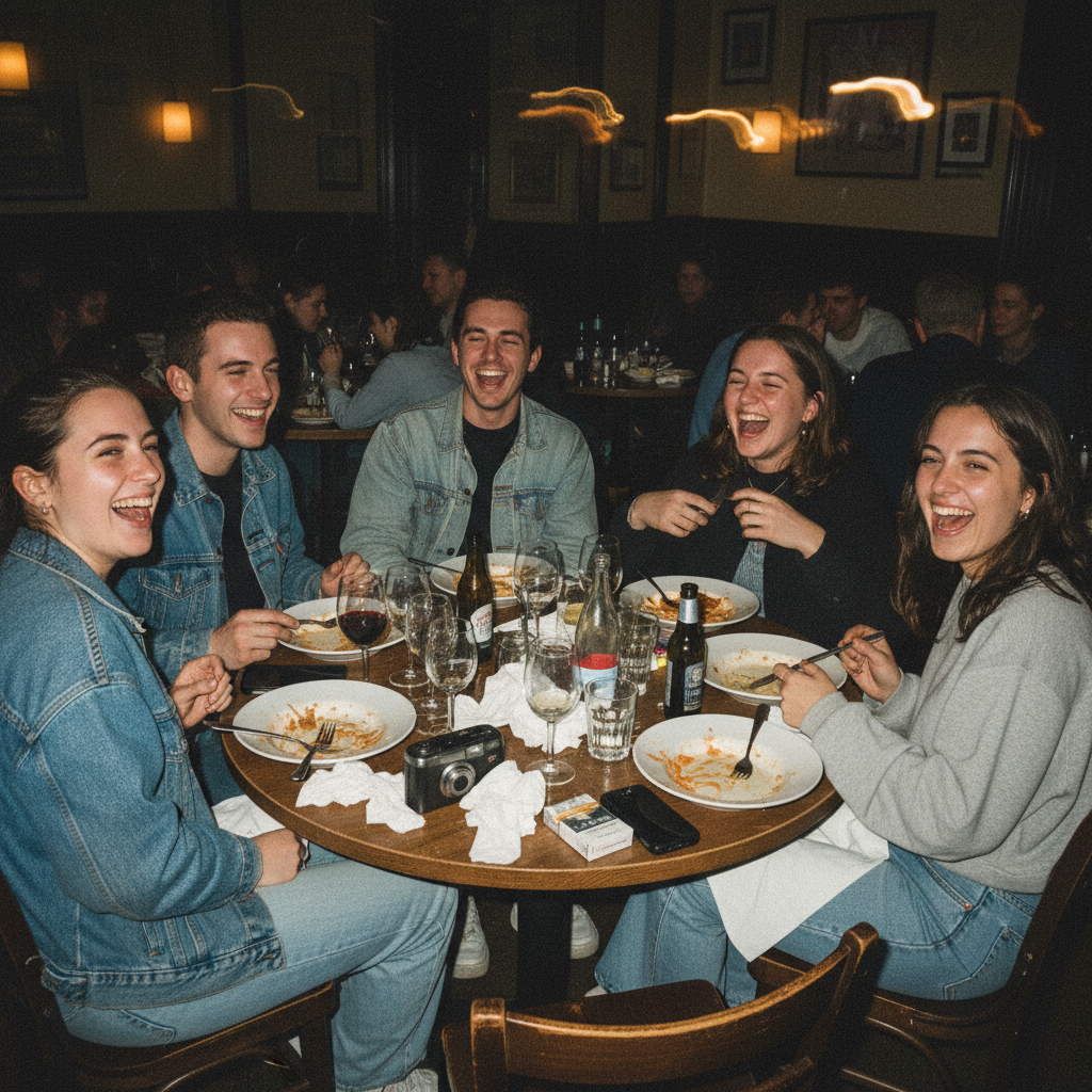 Friends laughing around a dinner table, lit by direct flash
