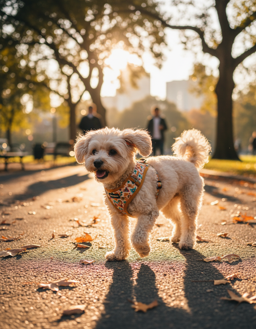 Small dog in a padded harness on an autumn park path