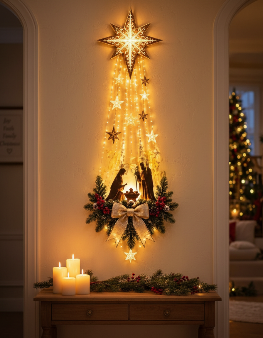 Velmerry Illuminated Nativity Wall Decor glowing in an elegant hallway