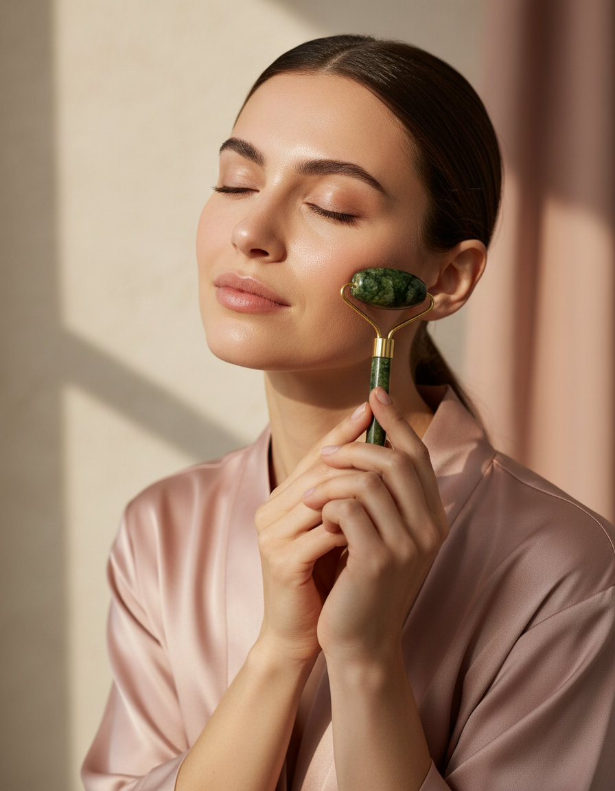 Woman gliding a jade facial roller along her cheekbone in soft morning light