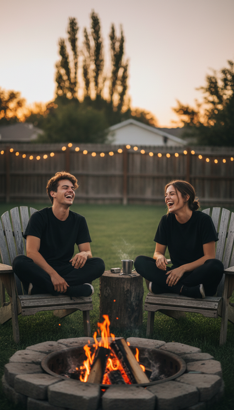 Friends in black tees laughing around a campfire