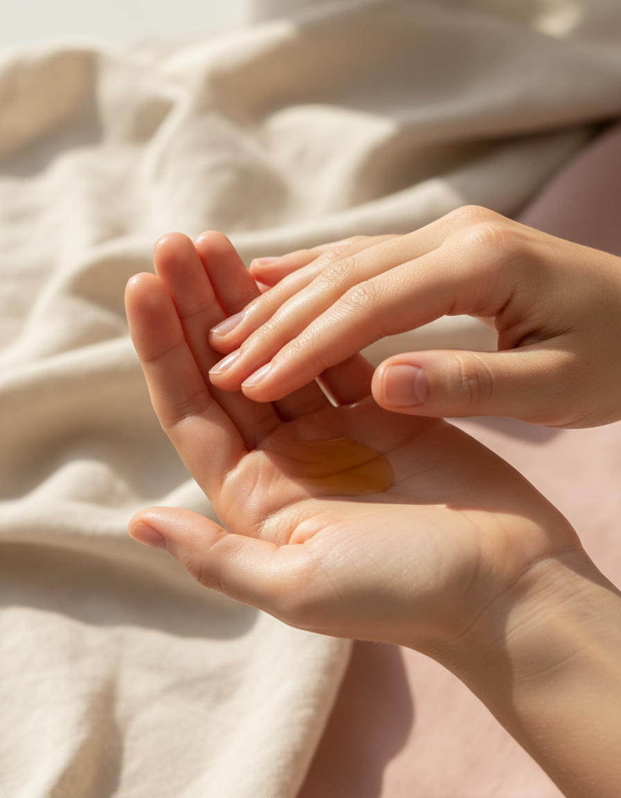 Hands rubbing oil together to warm it