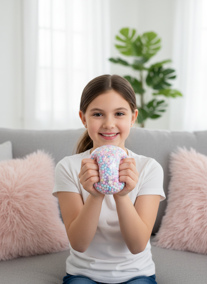 Usměvavá dívka ukazuje svůj vlastnoručně vyrobený třpytivý squishy