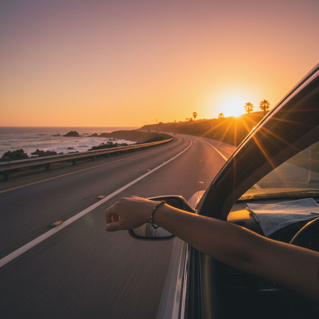 Arm out of a car window on a coastal road at sunset