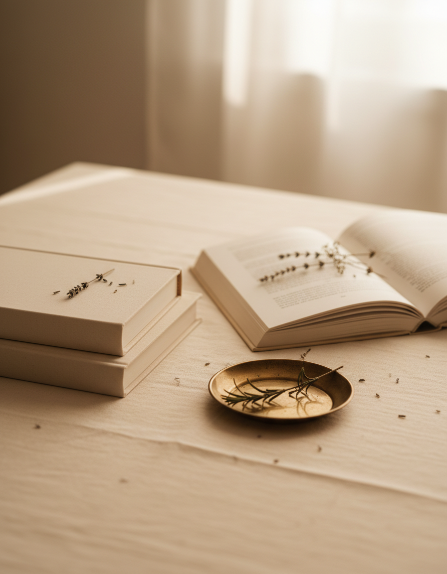 Two closed cloth-bound books and an open book with blank pages on warm ivory linen, beside dried herbs and a small brass dish