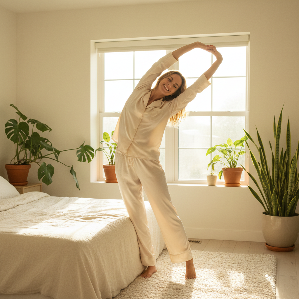 Mujer descansada estirándose junto a una ventana soleada