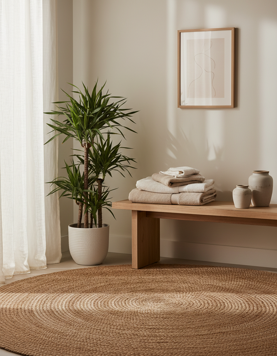 A bright living room with a jute rug, towels and ceramic jars