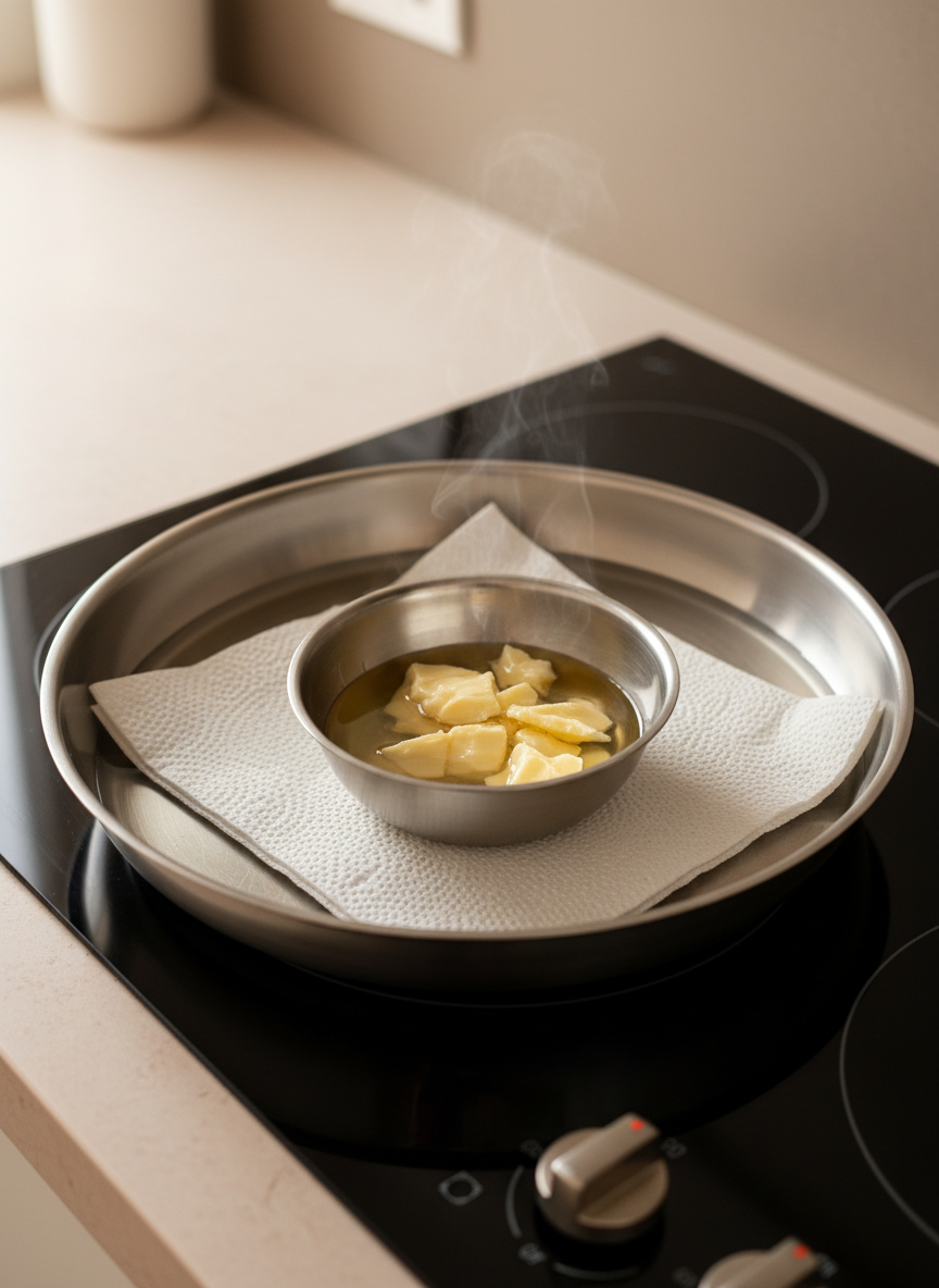 Wasserbad: kleine Metallschüssel mit schmelzender Kakaobutter auf gefaltetem Küchenpapier in einer flachen Pfanne
