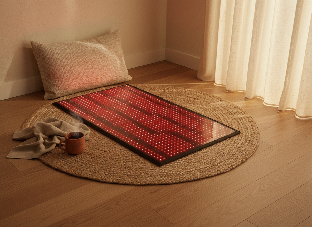 A glowing red light therapy mat on a woven jute rug beside a linen towel and a mug of tea in a sunlit room