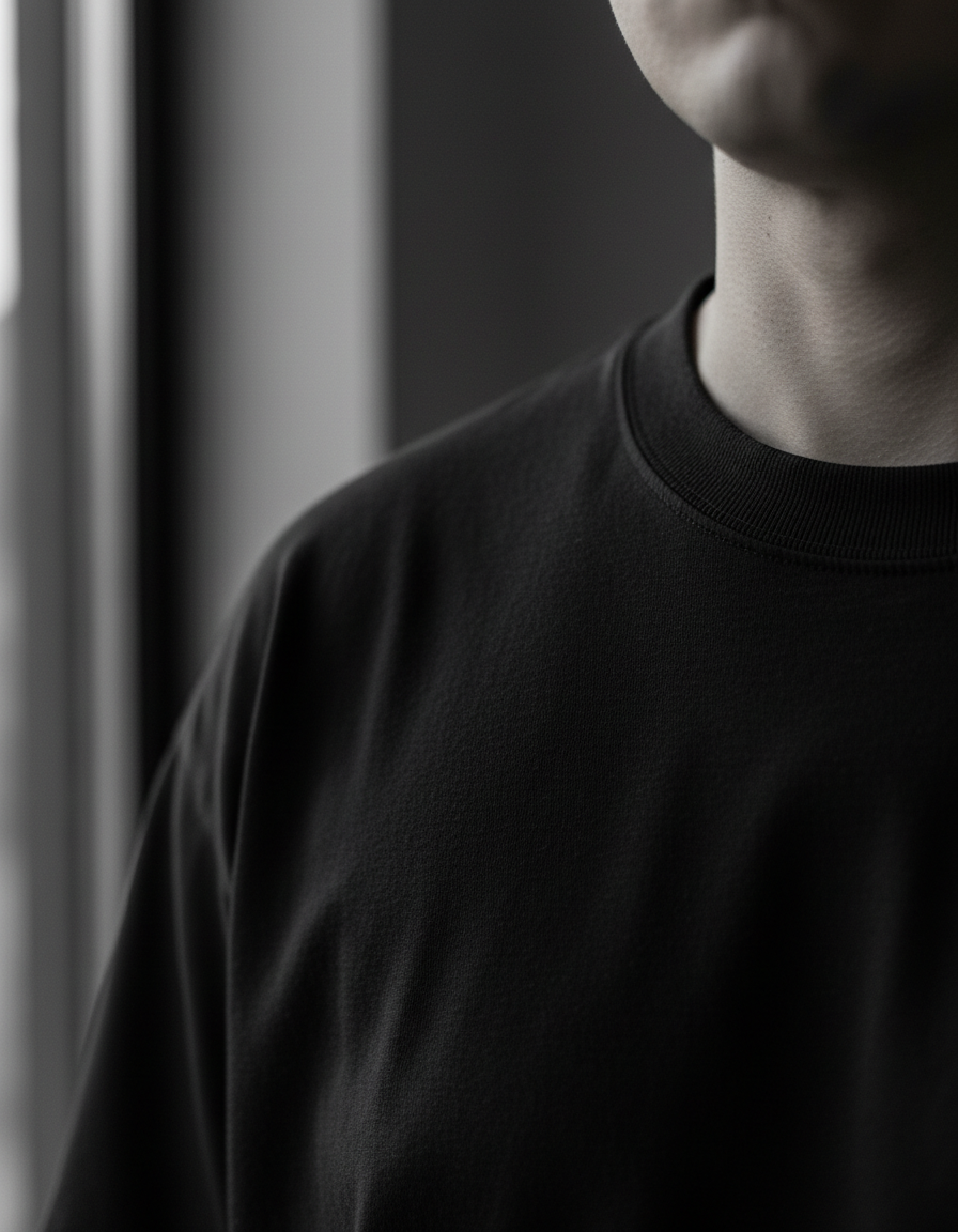 Close-up of soft black cotton fabric and ribbed collar