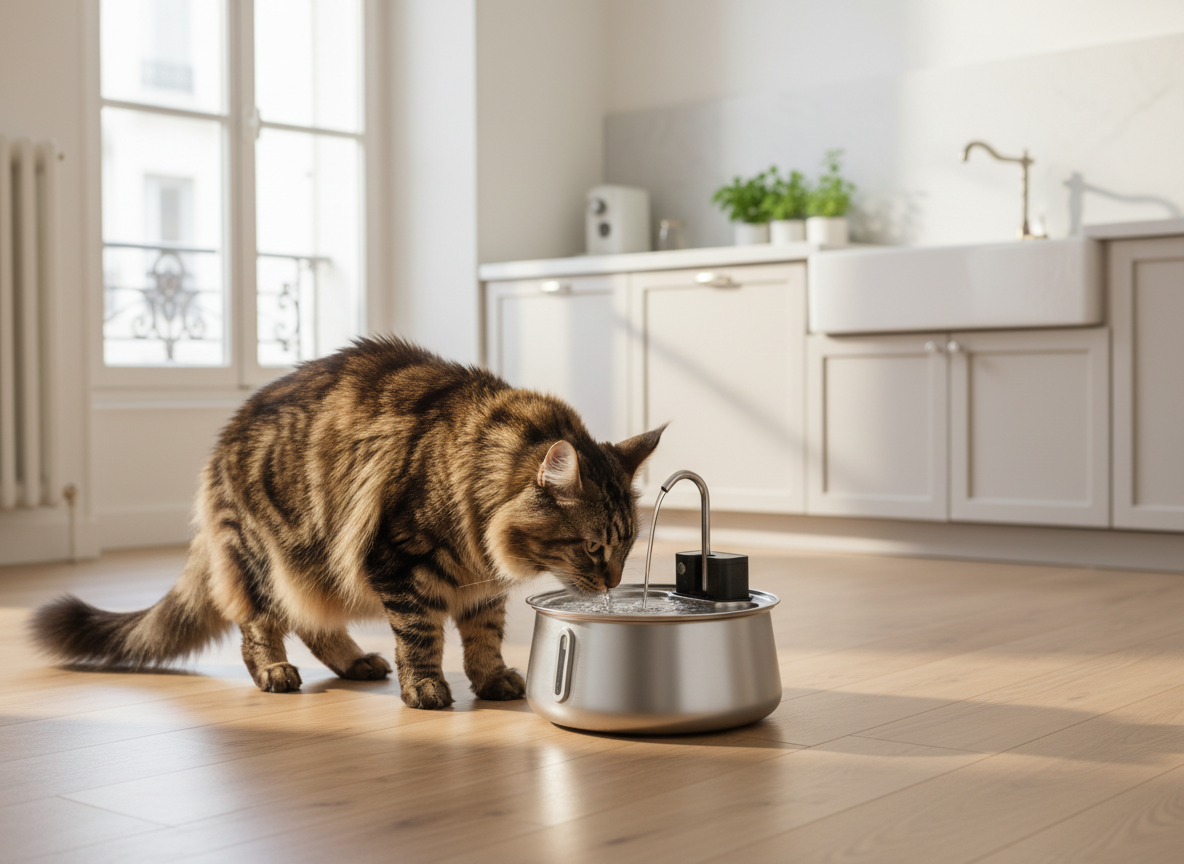 Un chat Maine Coon boit à la fontaine sans fil Felinoe dans une cuisine parisienne lumineuse