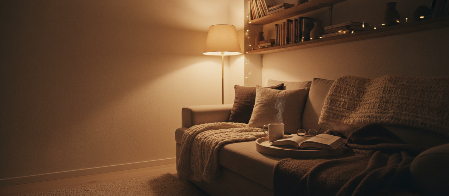 A calm reading nook at night with wool blankets, tea and an open book