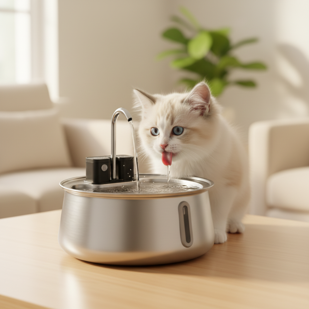 Un chaton Ragdoll lape le filet d'eau de la fontaine Felinoe