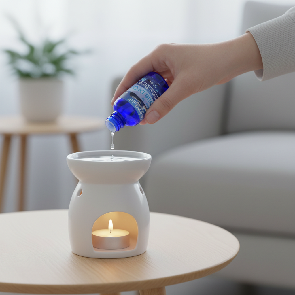 Pouring drops from an open bottle of Casino Gold fragrance oil into a white ceramic oil burner