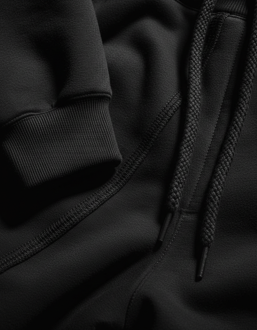 Close-up of a ribbed cuff, stitched seam and drawstring on heavyweight black cotton